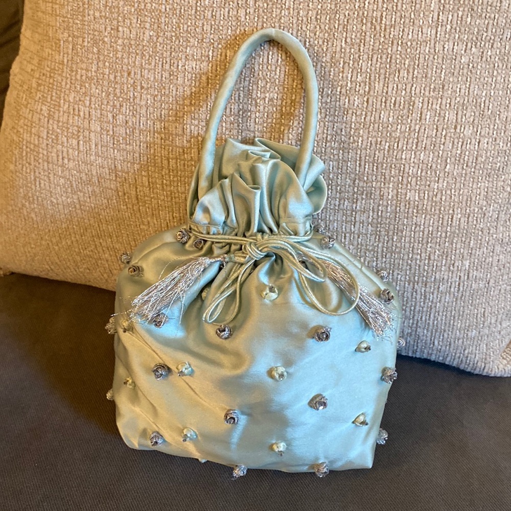 Drawstring Cosmetics Bag With Small Rhinestones in Tiny Rosebuds, Light Green